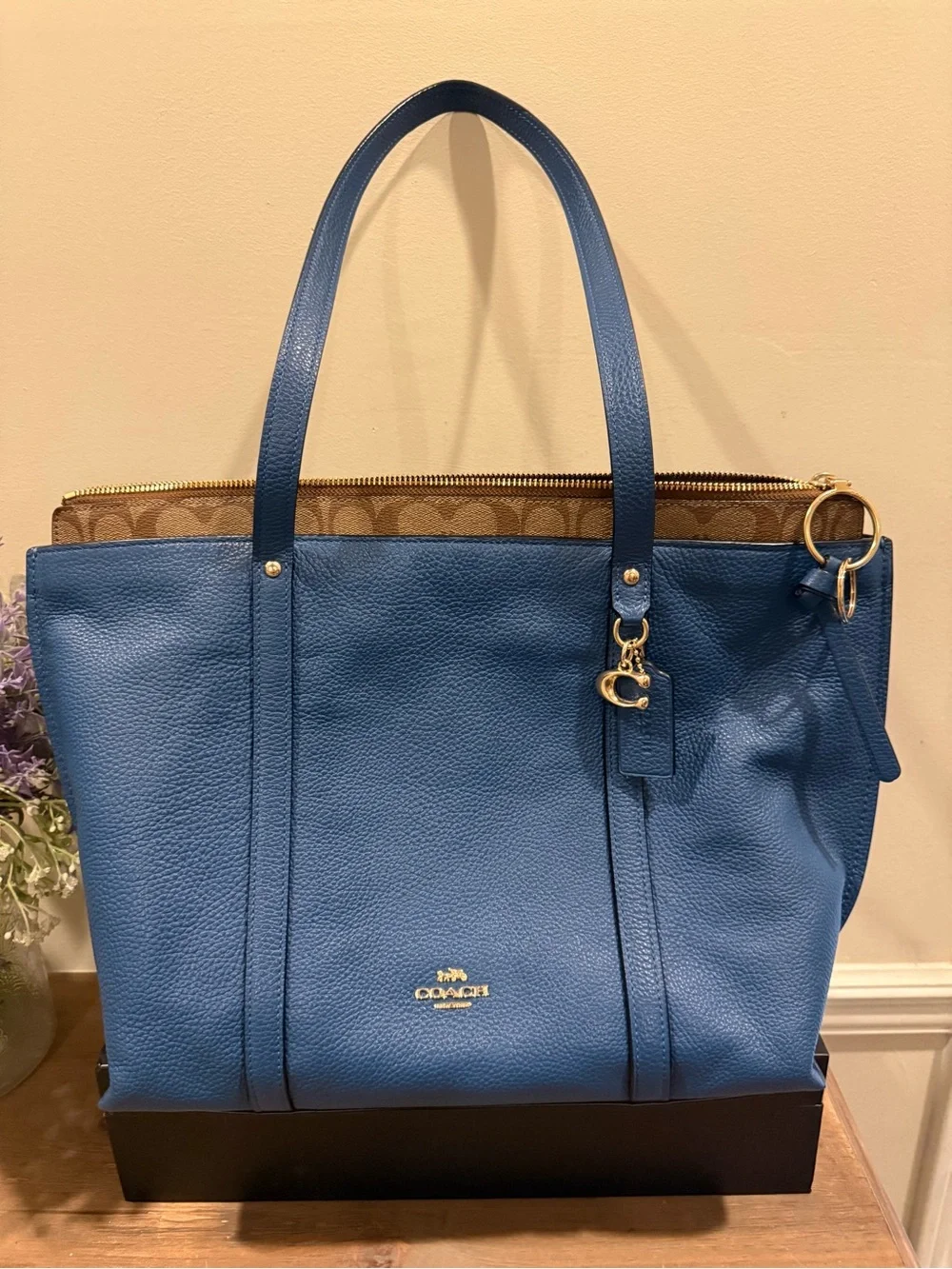Coach Blue Pebbled Leather Tote with Signature Trim